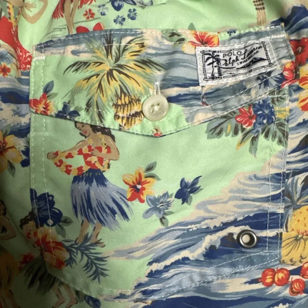 Polo Ralph Lauren Swim Trunks Sz M Green Hawaiian Floral Hulu Girl Preppy Beach